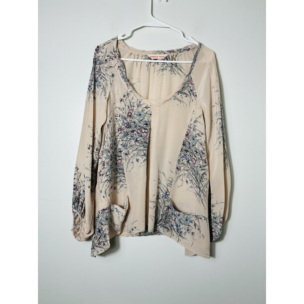 Rebecca Taylor Floral‎ Long Puff Sleeve Blouse Sz 8 100% Silk Lightweight Flowy